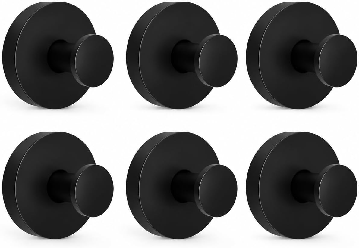 Suction Cup Hooks 6 Pack, Stainless Steel Bathroom Hooks Black