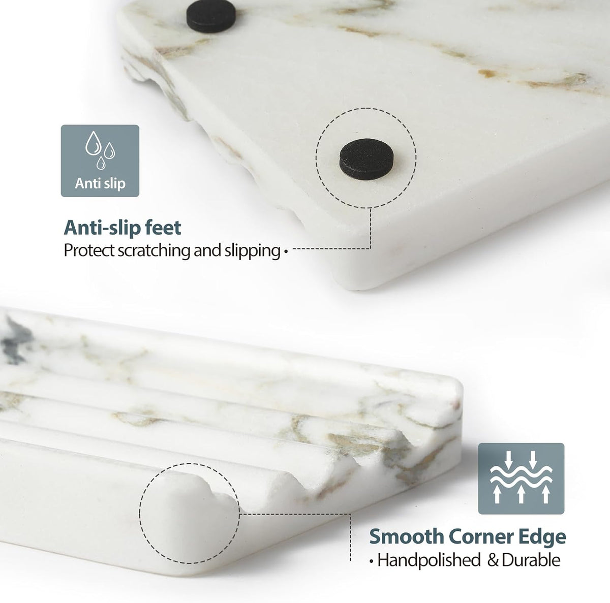 Koville African Natural Marble Soap Dish for Shower, Stone Soap Tray for Bathroom, Bar Soap Holder for Sink, Stripe Grooves Soap Saver Stone Dish Keep Bars Dry Easy Clean (Namib Bianco)