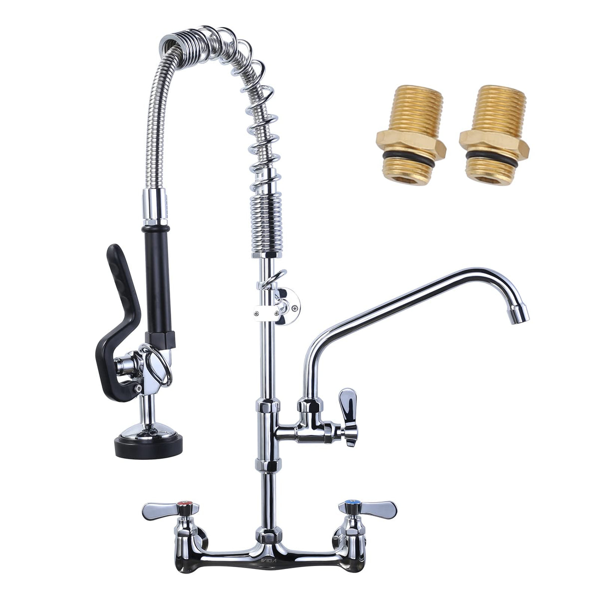 Commercial Kitchen Faucet Wall Mount with Pre-Rinse Sprayer 21" Height Wall Mount Kitchen Sink Faucet 8 Inch Center with 10" Add-on Swing Spout Faucet & Coiled Spring Pull Down Spray