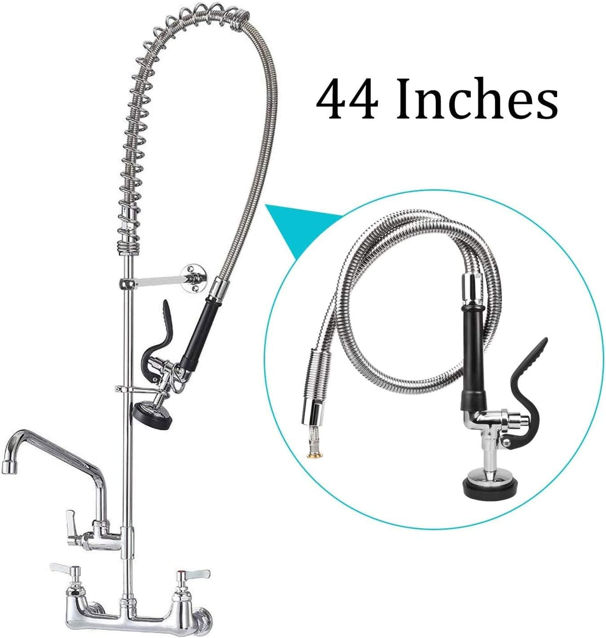 COOLWEST Pre-Rinse Hose with Spray Valve 44 Inch Flexible Stainless Hose with Sprayer Nozzle Head Replacement Kit for Commercial Kitchen Sink Faucet(Free Brass Adapter to Connect Add-on Swivel Spout)