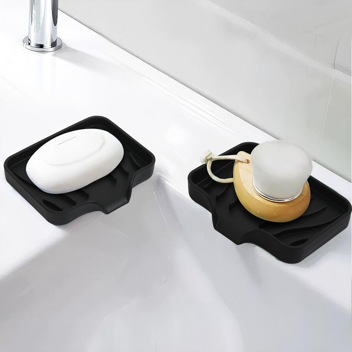 2 Pack Silicone Soap Dish with Drain, Bar Soap Holder for Shower,Bathroom and Kitchen Sink Organizer,Self Draining Waterfall Soap Tray (Black)