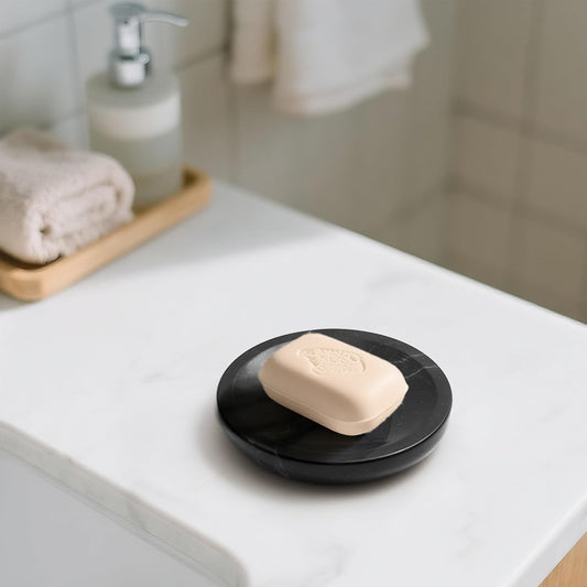 Marble Soap Dish Italy Natural Stone Sponge Holder for Bathroom Tub Shower Kitchen Sink, Handcraft Round Soap Case Organizer Trinket Plate Jewelry Tray Coaster for Home Decor Black (DL007)