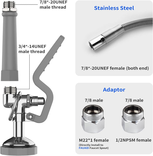 Pre Rinse Spray Valve with 45” Stainless-Steel Hose,1.42 GPM Pre Rinse Sprayer Commercial Sink Sprayer with Ergonomic Handle Commercial Faucet Parts,Fit for Dish Washing Spray (Gray)