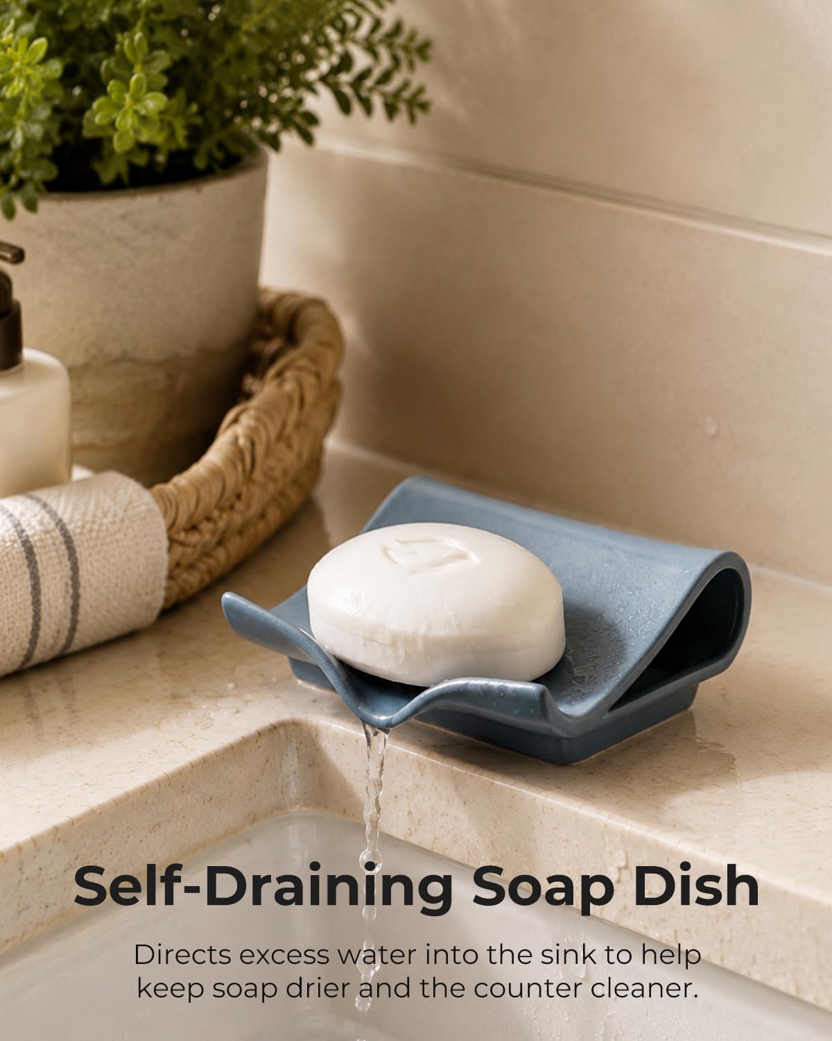 Zoeeker Self-Draining Soap Dish, Ceramic Soap Holder with Drain Spout