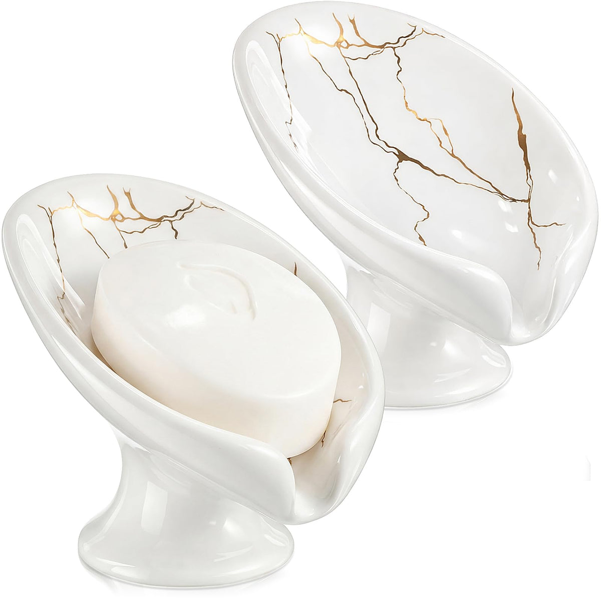 2 Pack Ceramic Soap Bar Holder Leaf Shaped Soap Dish, White Black