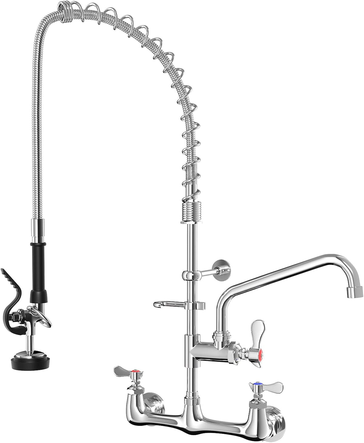 Commercial Wall Mount Kitchen Faucet with Pull Down Pre-Rinse Sprayer, Adjustable Swing Spout, Heavy-Duty Utility Sink Tap for Restaurant, Bar, 3 Compartment Sinks