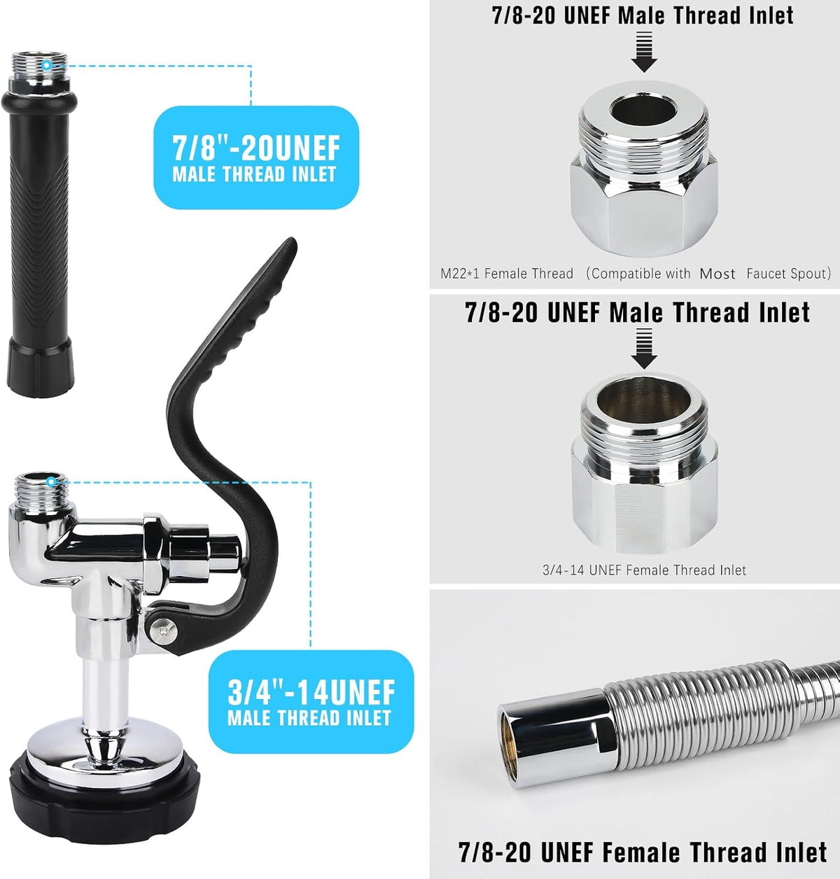 Spray Valve with 45" Flexible Stainless Steel Hose & Pre-Rinse Overhead Spring, Commercial Faucet Flexible Hose with Spray Head Replacement Kit for Commercial Restaurant Industrial Kitchen Sink Faucet