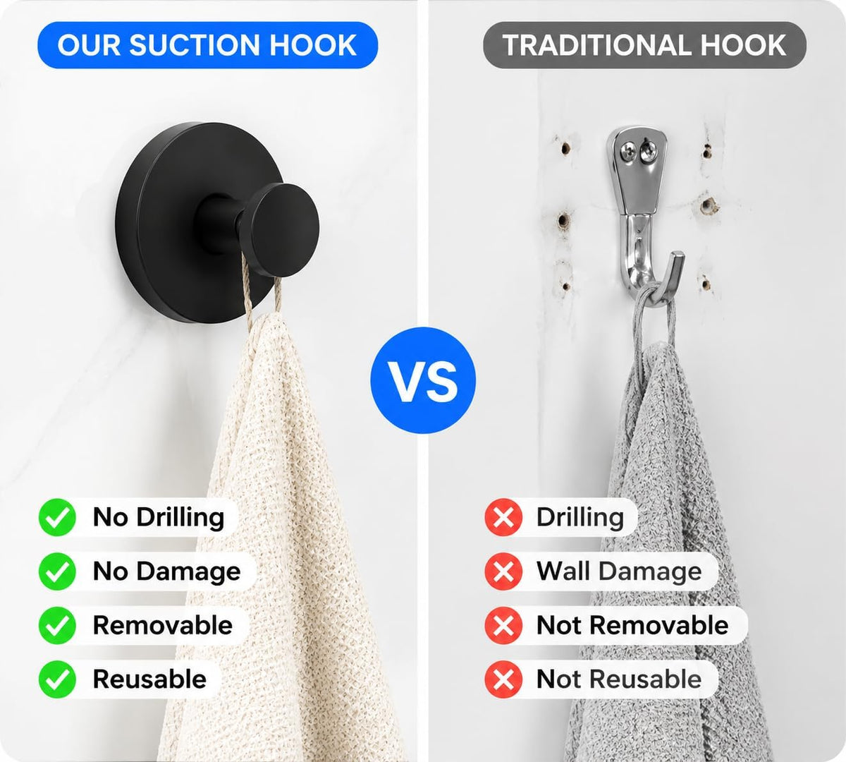 Suction Cup Hooks 6 Pack, Stainless Steel Bathroom Hooks Black
