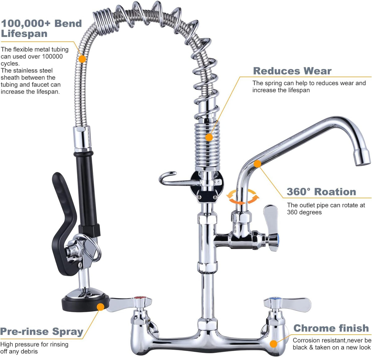 Commercial Kitchen Faucet Wall Mount with Pre-Rinse Sprayer 21" Height Wall Mount Kitchen Sink Faucet 8 Inch Center with 10" Add-on Swing Spout Faucet & Coiled Spring Pull Down Spray