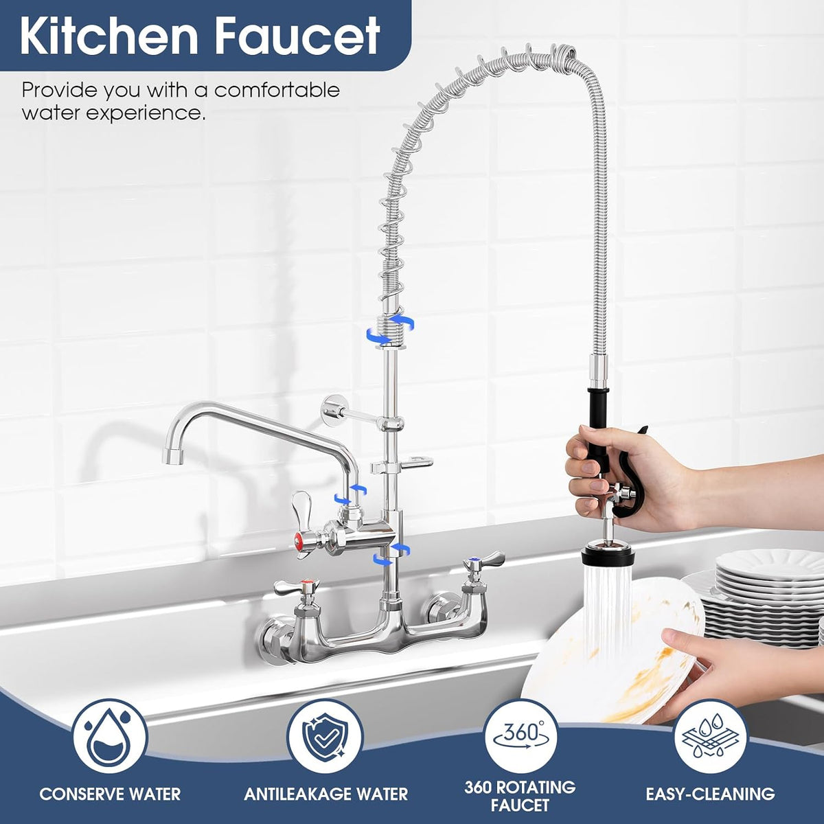 Commercial Wall Mount Kitchen Faucet with Pull Down Pre-Rinse Sprayer, Adjustable Swing Spout, Heavy-Duty Utility Sink Tap for Restaurant, Bar, 3 Compartment Sinks