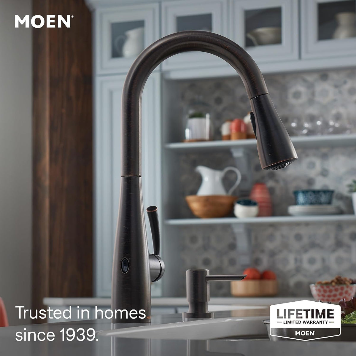 Moen Essie Mediterranean Bronze MotionSense Wave One-Handle Touchless Kitchen Faucet with Pulldown Sprayer and Soap Dispenser, 87014EWBRB
