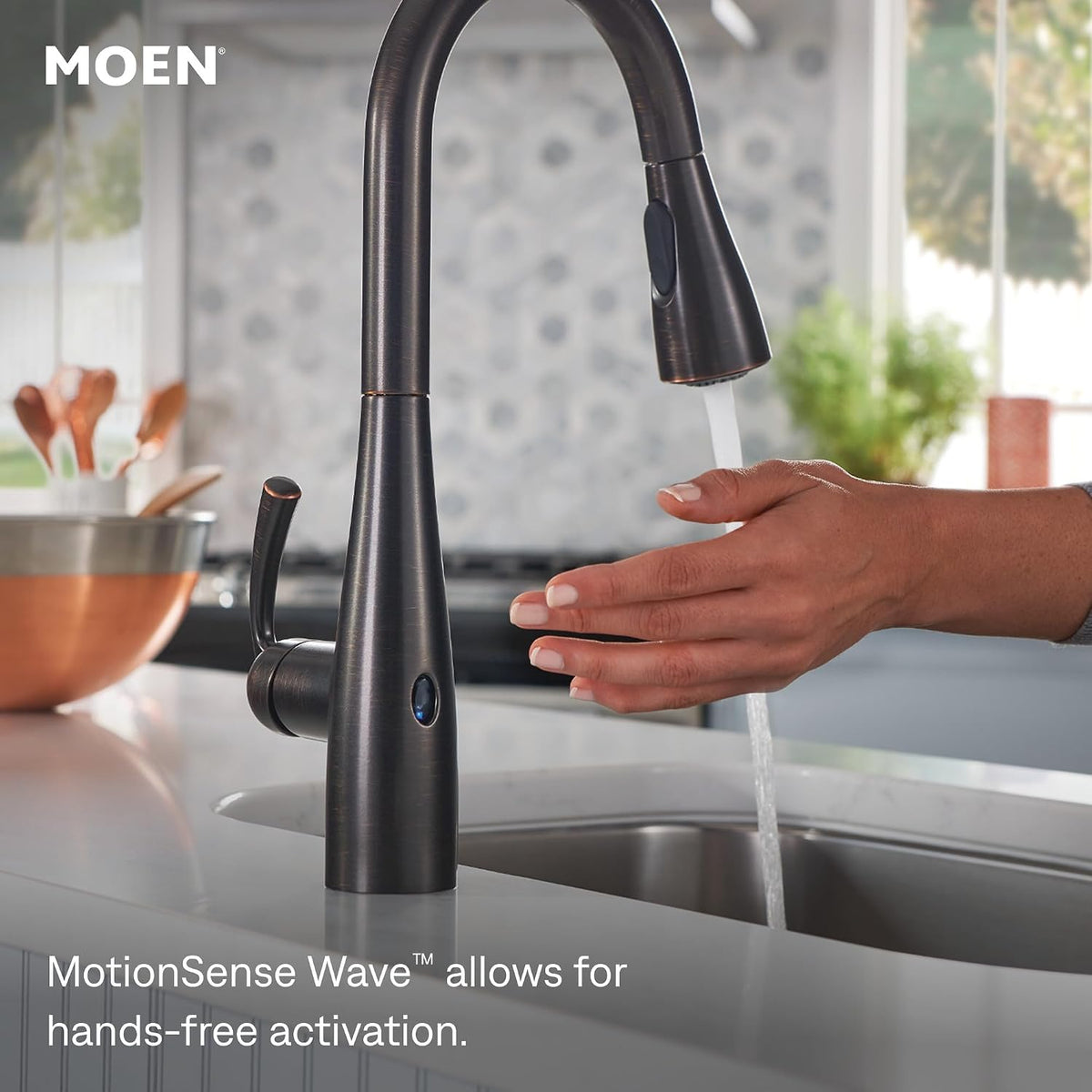 Moen Essie Mediterranean Bronze MotionSense Wave One-Handle Touchless Kitchen Faucet with Pulldown Sprayer and Soap Dispenser, 87014EWBRB