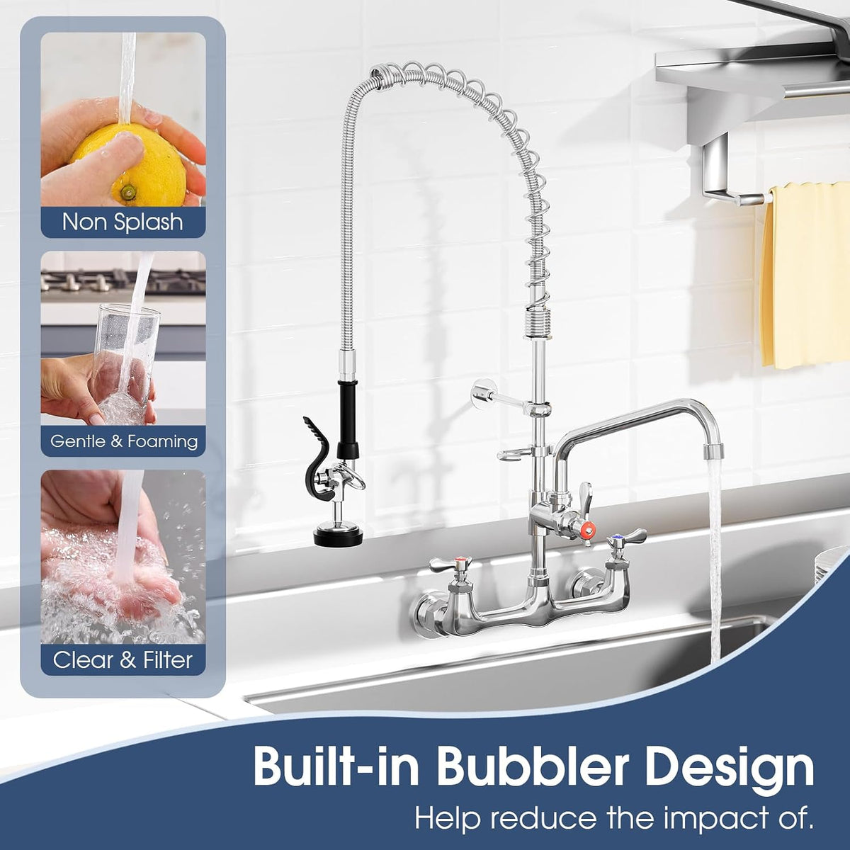 Commercial Wall Mount Kitchen Faucet with Pull Down Pre-Rinse Sprayer, Adjustable Swing Spout, Heavy-Duty Utility Sink Tap for Restaurant, Bar, 3 Compartment Sinks
