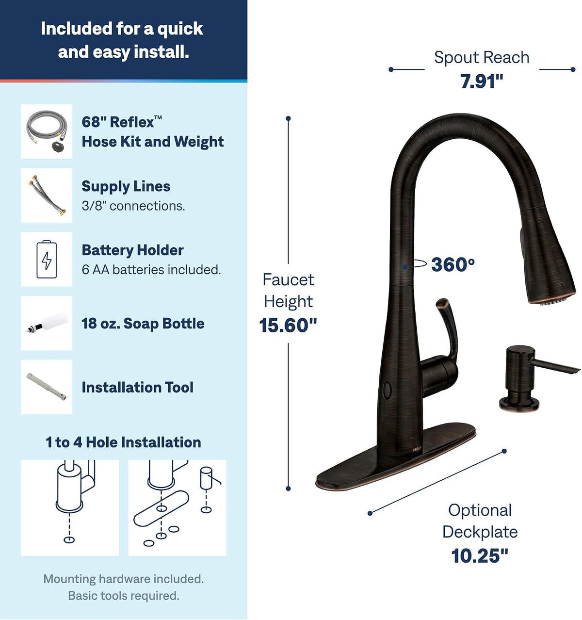 Moen Essie Mediterranean Bronze MotionSense Wave One-Handle Touchless Kitchen Faucet with Pulldown Sprayer and Soap Dispenser, 87014EWBRB