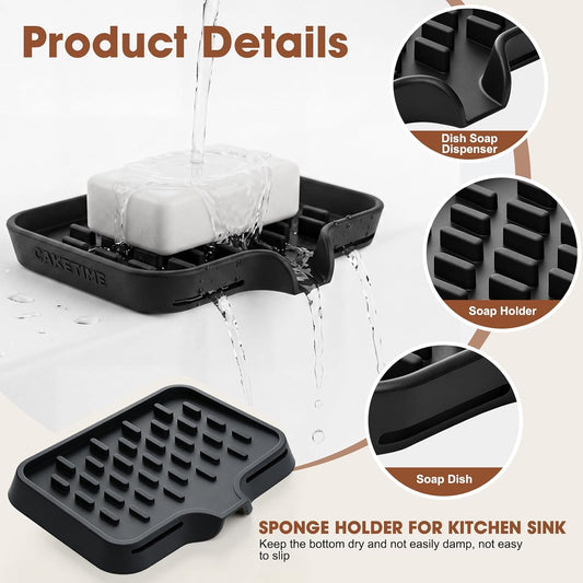 CAKETIME 2 Pack Silicone Soap Dish with Drainage Holes for Bathroom Shower Caddy Kitchen Counter Sponge Holder Bar Sink Organizer Gadgets Gears Items Self Draining Jabonera Generic Random Stuff Black