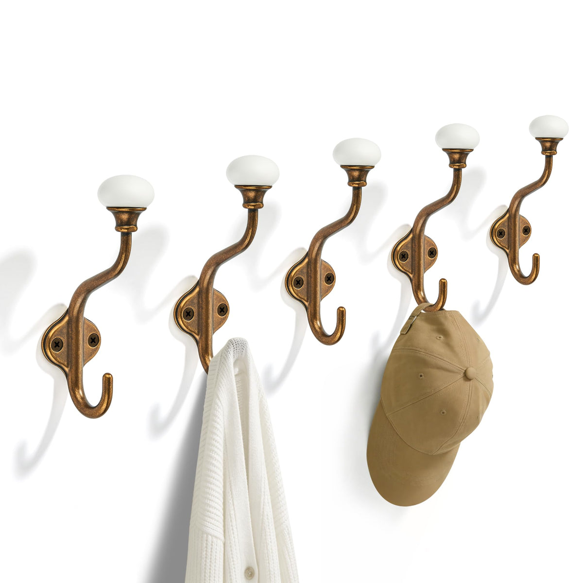 TUNNY Coat Hooks - 5 Pack Champagne Bronze Towel Hooks Robe Hooks Decorative Wall Hooks for Bathroom Bedroom Kitchen Towel Robe Clothes Cabinet Closet Bathroom Hardware