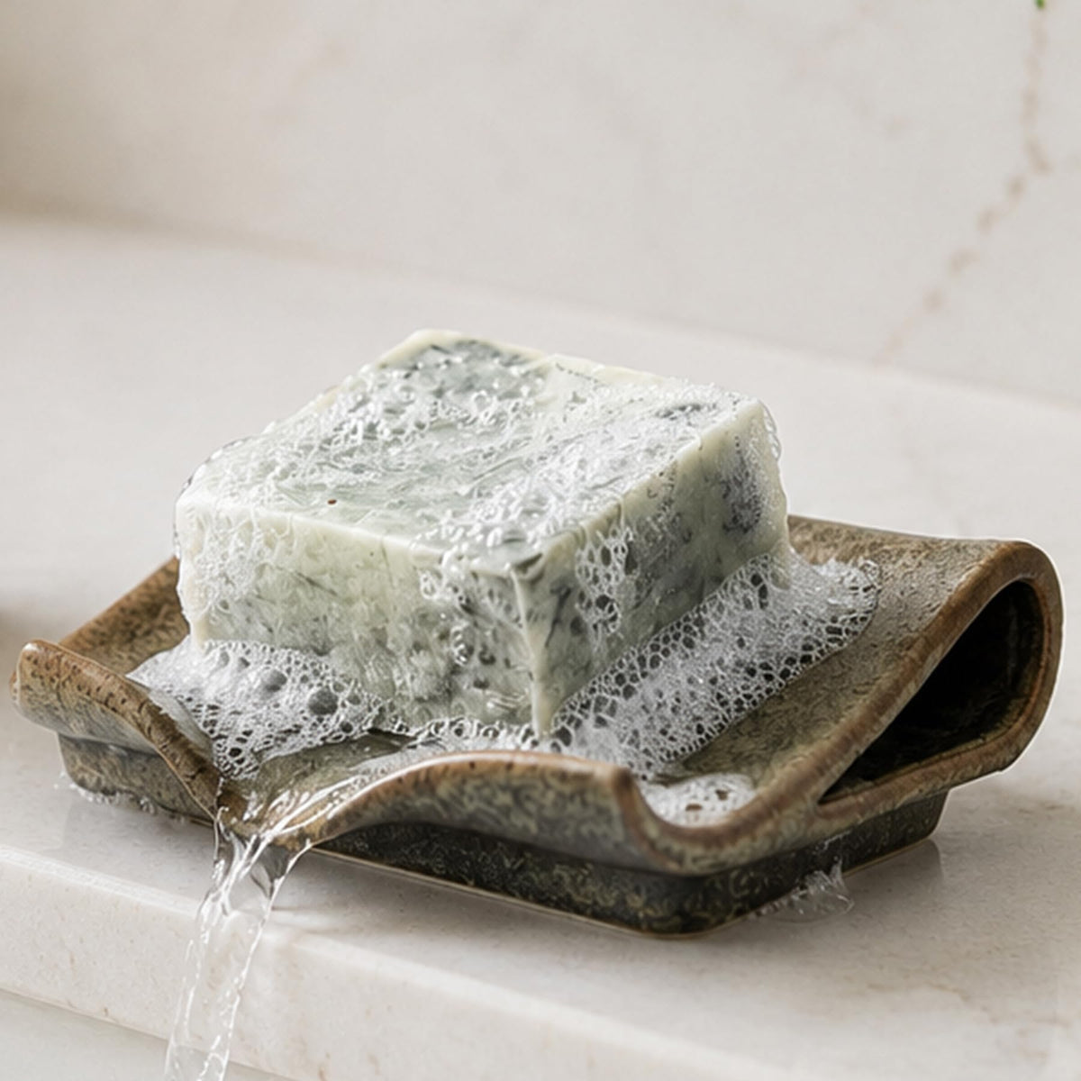 Zoeeker Self-Draining Soap Dish, Ceramic Soap Holder with Drain Spout