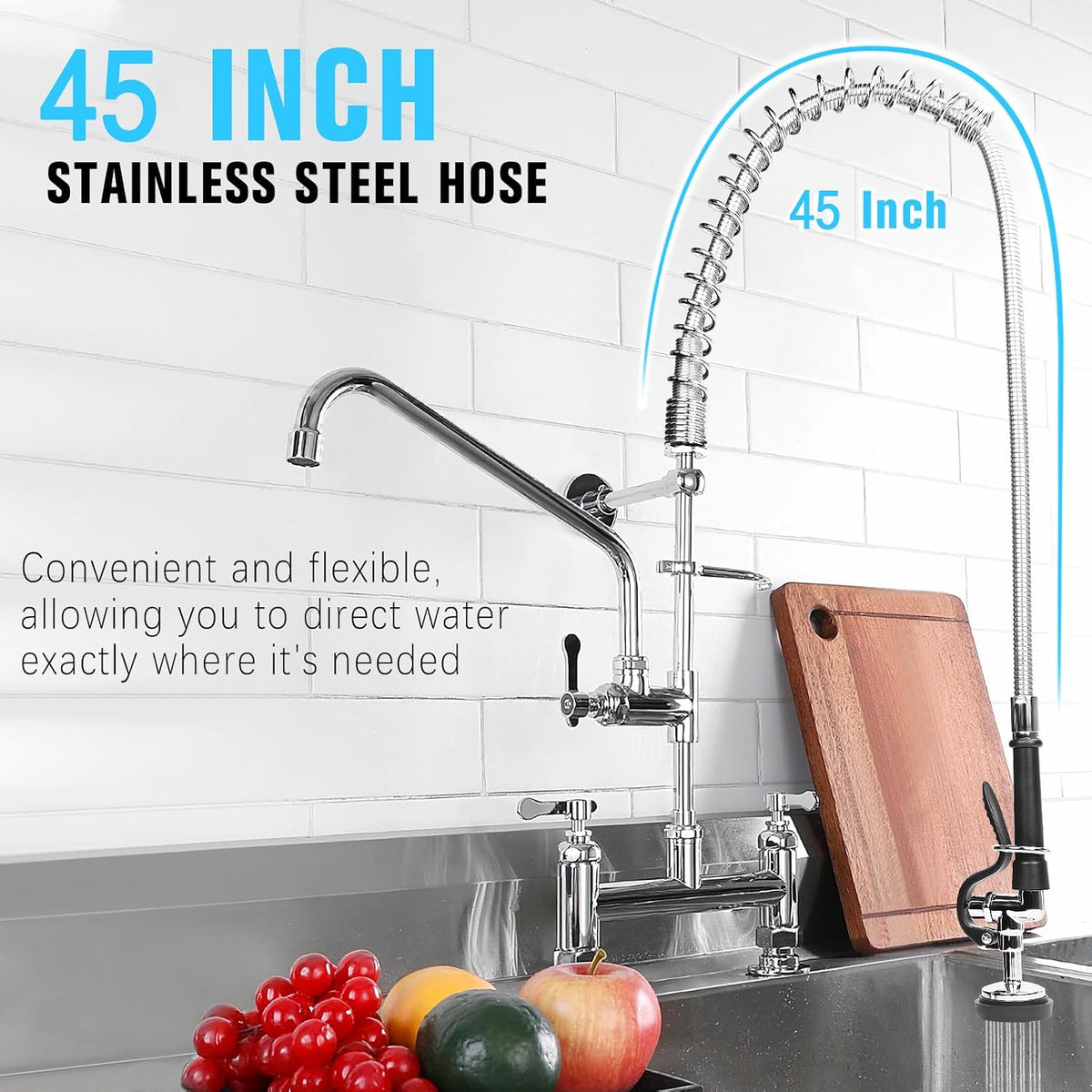 Spray Valve with 45" Flexible Stainless Steel Hose & Pre-Rinse Overhead Spring, Commercial Faucet Flexible Hose with Spray Head Replacement Kit for Commercial Restaurant Industrial Kitchen Sink Faucet