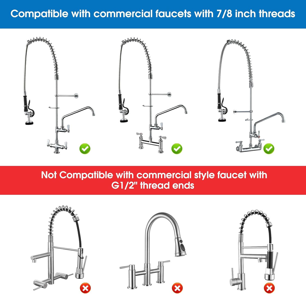 HWM Commercial Sink Sprayer Valve with 38” Flexible Stainless Steel Pre Rinse Hose & Overhead Spring Replacement Kit for Commercial Kitchen Sink Faucets