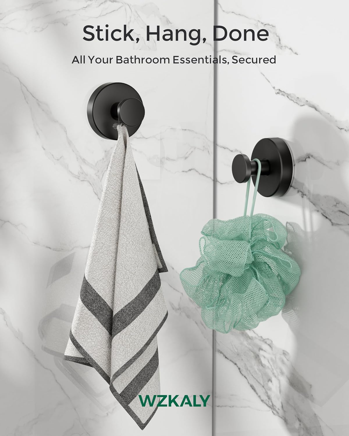 Black Suction Cup Hooks for Shower, Stainless Steel Robe Hooks (2PC)