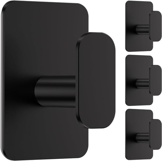 Large Heavy Duty Adhesive Wall Hooks - 26lb Max, Stainless Steel Waterproof Towel Hooks for Hanging Towel, Coat, Robe, Sticky Hooks for Use in Bathroom, Shower, Kitchen, Door(Black, 4 Pack)