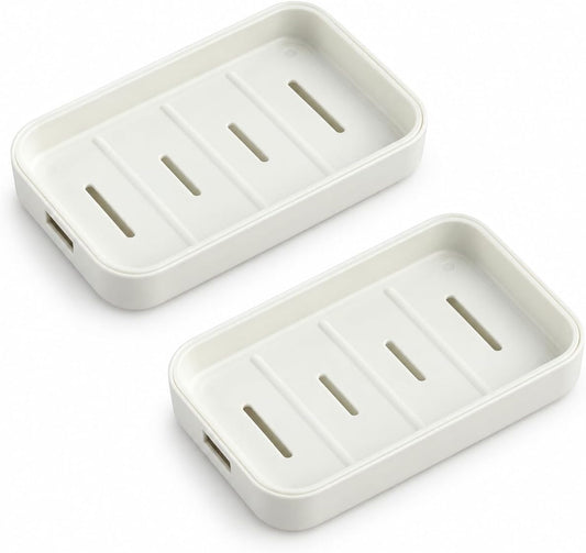 2 Pack Plastic Soap Dish with Drainage, Self-Draining Soap Holder for Bathroom & Kitchen Sink, 2-Layer Soap Saver Tray with Removable Drain Tray, White, 5” x 3.4” x 0.8”