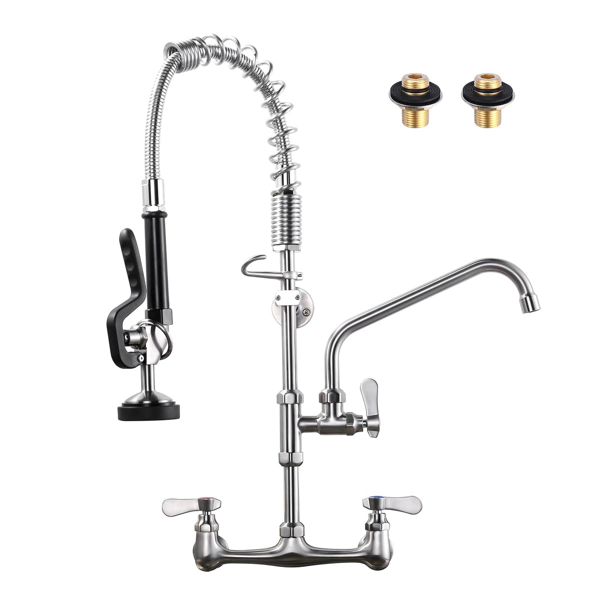[New Upgrade] Brushed Nickel 21" Height Commercial Kitchen Faucet with Pre-Rinse Sprayer 8 Inch Center Wall Mount Kitchen Sink Faucet with 10" Add-on Swing Spout for 1/2 Compartment Sink