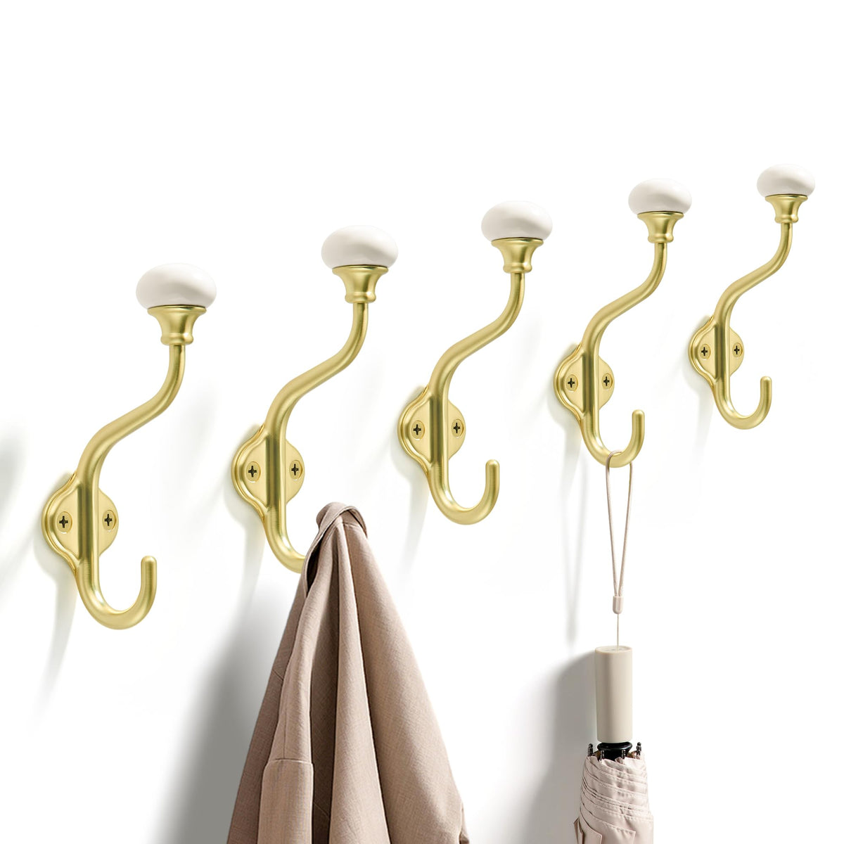 TUNNY Coat Hooks - 5 Pack Champagne Bronze Towel Hooks Robe Hooks Decorative Wall Hooks for Bathroom Bedroom Kitchen Towel Robe Clothes Cabinet Closet Bathroom Hardware