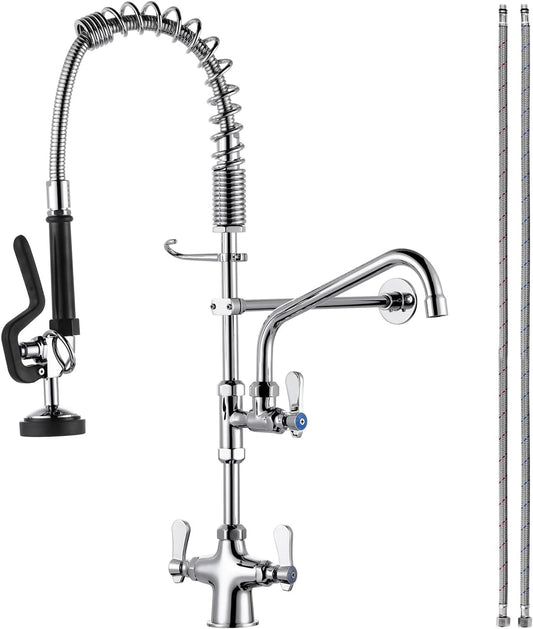 Single Hole 27" Height Commercial Kitchen Faucet Deck Mount with Pre-Rinse Sprayer, Commercial Sink Faucet with 10" Add-on Swing Nozzle Spout & Spring Pull Down Sprayer for Restaurant Hotel