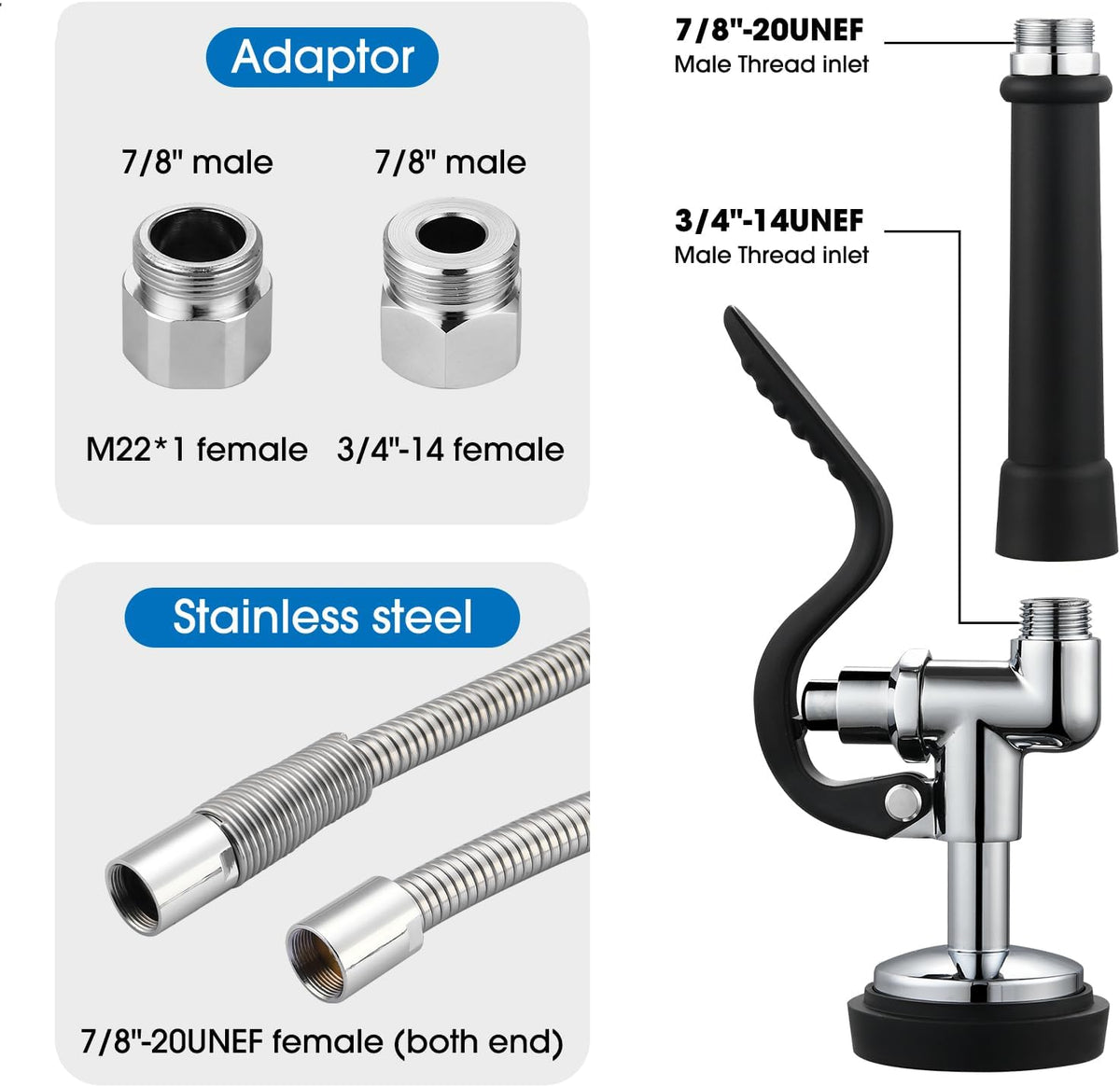 HWM Commercial Sink Sprayer Valve with 38” Flexible Stainless Steel Pre Rinse Hose & Overhead Spring Replacement Kit for Commercial Kitchen Sink Faucets