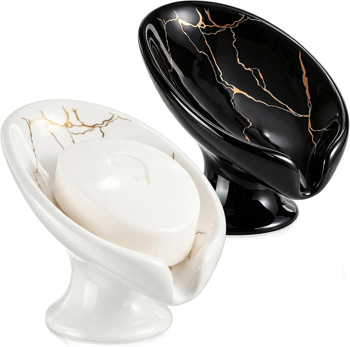 2 Pack Ceramic Soap Bar Holder Leaf Shaped Soap Dish, White Black