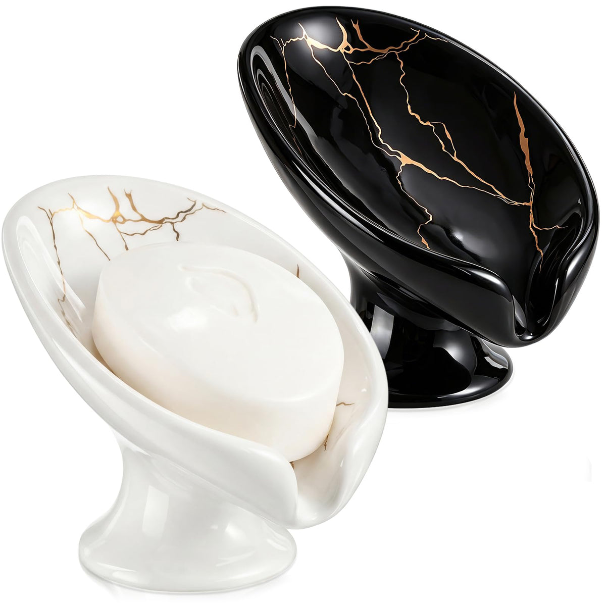2 Pack Ceramic Soap Bar Holder Leaf Shaped Soap Dish, White Black