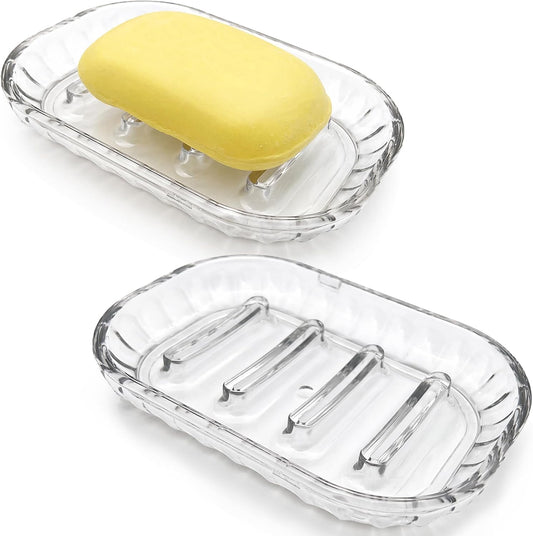 2 Pack Clear Soap Dish Holder for Bar Soap, Bathroom and Shower Soap Tray, Kitchen Sink Soap Saver Dish, Fits Most Soaps