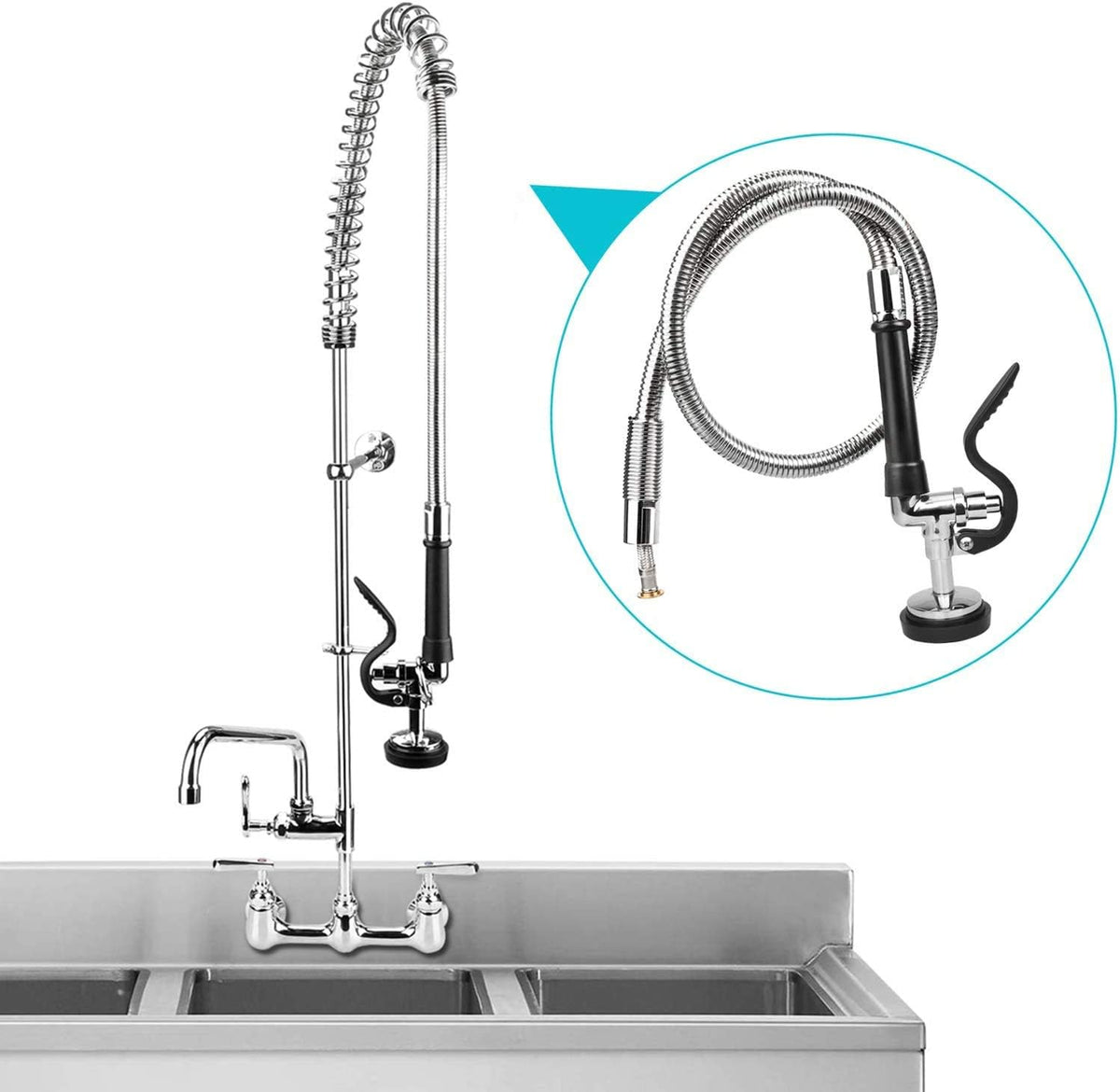 COOLWEST Pre-Rinse Hose with Spray Valve 44 Inch Flexible Stainless Hose with Sprayer Nozzle Head Replacement Kit for Commercial Kitchen Sink Faucet(Free Brass Adapter to Connect Add-on Swivel Spout)