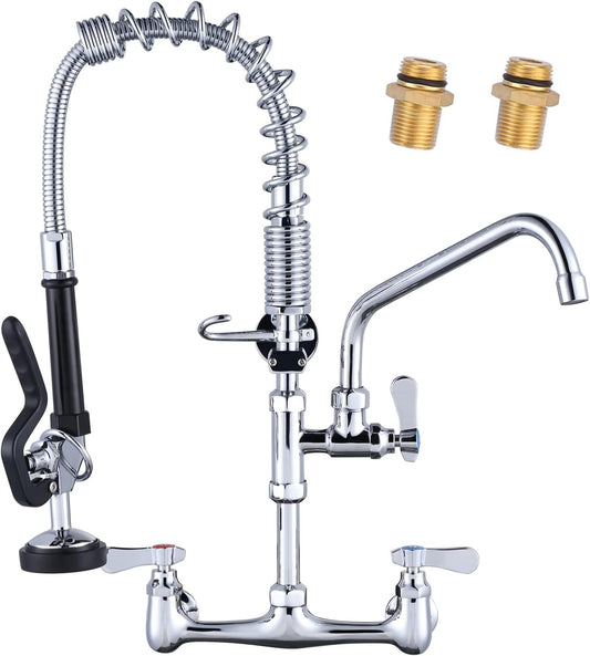 Commercial Kitchen Faucet Wall Mount with Pre-Rinse Sprayer 21" Height Wall Mount Kitchen Sink Faucet 8 Inch Center with 10" Add-on Swing Spout Faucet & Coiled Spring Pull Down Spray