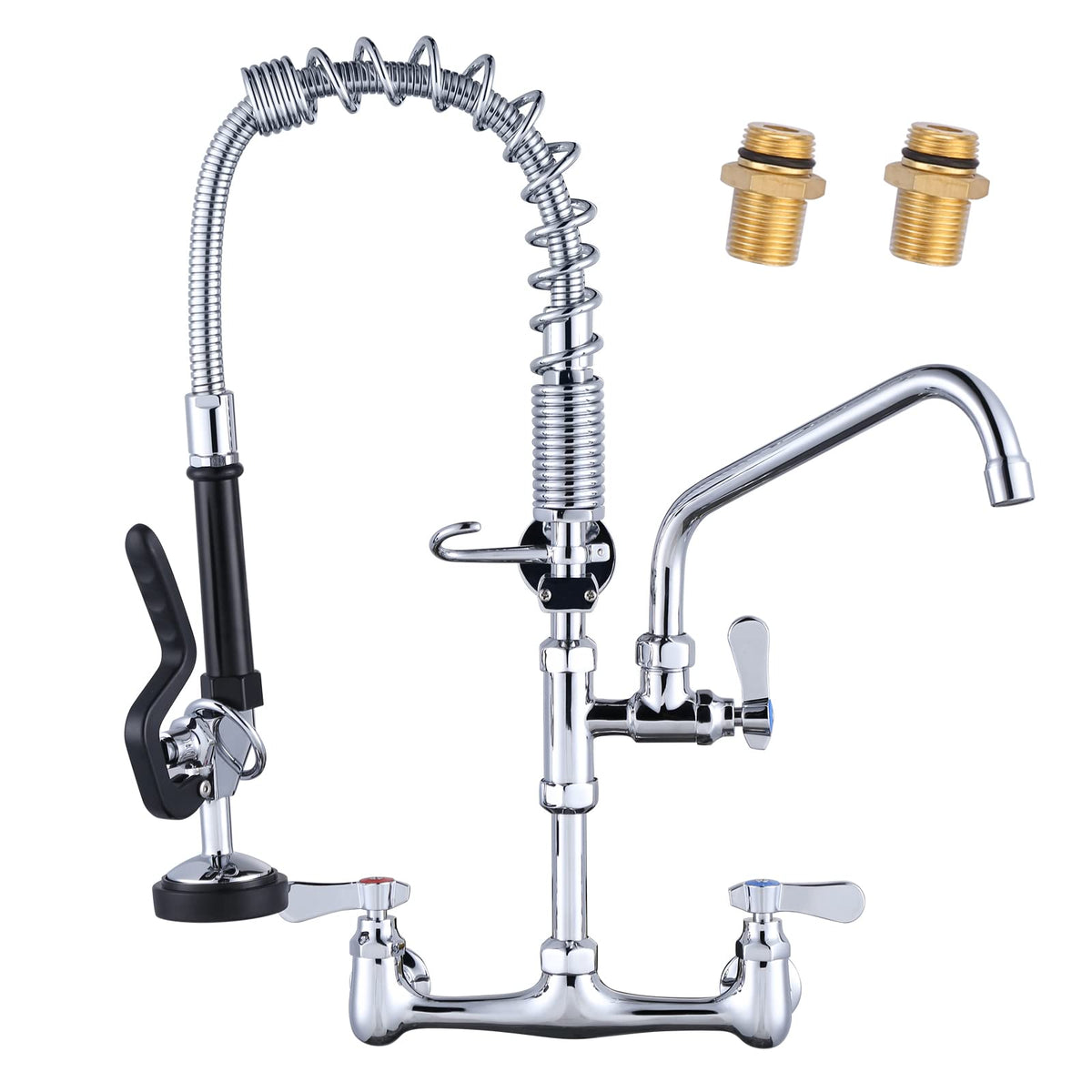 [New Upgrade] Brushed Nickel 21" Height Commercial Kitchen Faucet with Pre-Rinse Sprayer 8 Inch Center Wall Mount Kitchen Sink Faucet with 10" Add-on Swing Spout for 1/2 Compartment Sink
