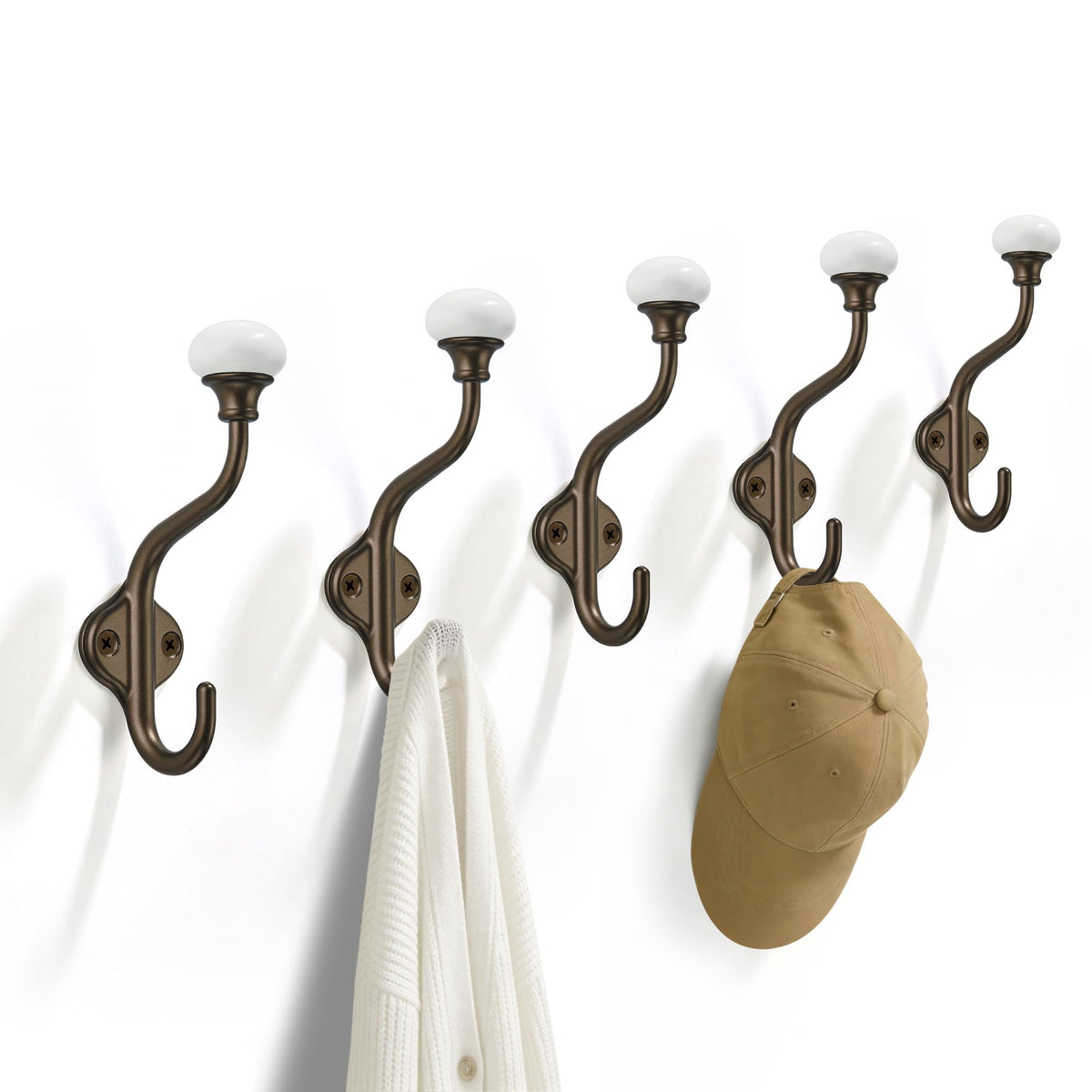 TUNNY Coat Hooks - 5 Pack Champagne Bronze Towel Hooks Robe Hooks Decorative Wall Hooks for Bathroom Bedroom Kitchen Towel Robe Clothes Cabinet Closet Bathroom Hardware