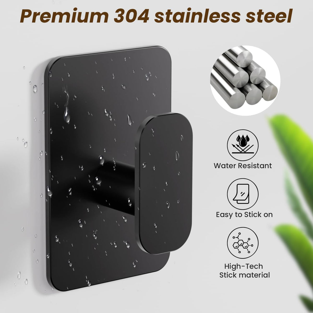 Large Heavy Duty Adhesive Wall Hooks - 26lb Max, Stainless Steel Waterproof Towel Hooks for Hanging Towel, Coat, Robe, Sticky Hooks for Use in Bathroom, Shower, Kitchen, Door(Black, 4 Pack)