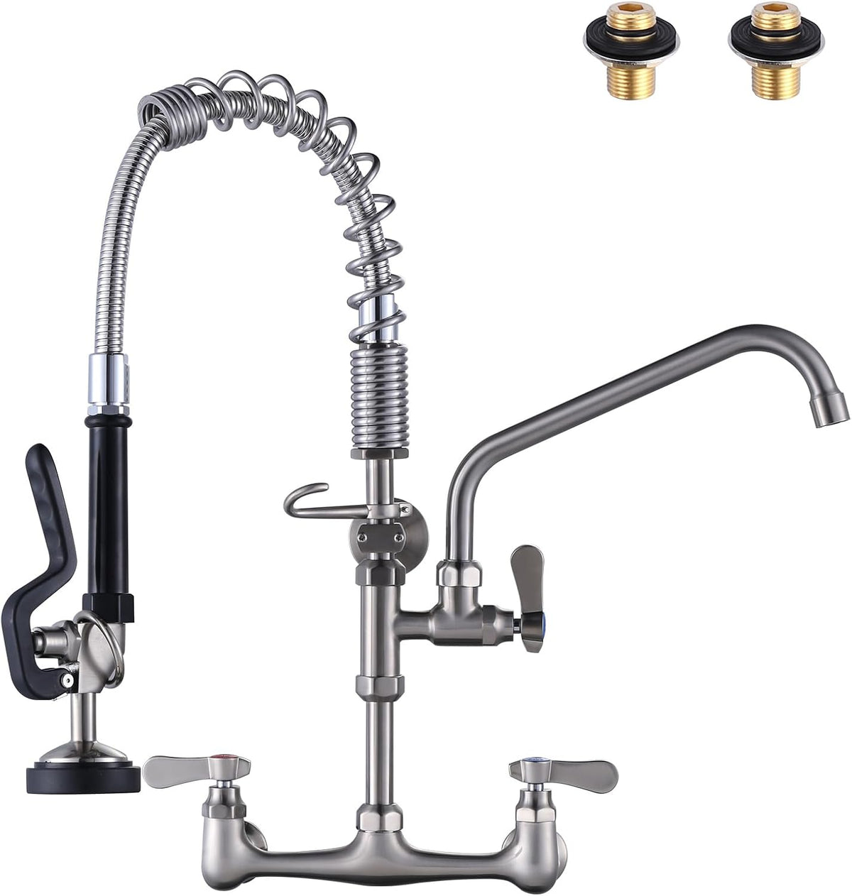 [New Upgrade] Brushed Nickel 21" Height Commercial Kitchen Faucet with Pre-Rinse Sprayer 8 Inch Center Wall Mount Kitchen Sink Faucet with 10" Add-on Swing Spout for 1/2 Compartment Sink