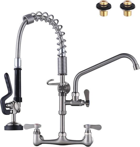 [New Upgrade] Brushed Nickel 21" Height Commercial Kitchen Faucet with Pre-Rinse Sprayer 8 Inch Center Wall Mount Kitchen Sink Faucet with 10" Add-on Swing Spout for 1/2 Compartment Sink