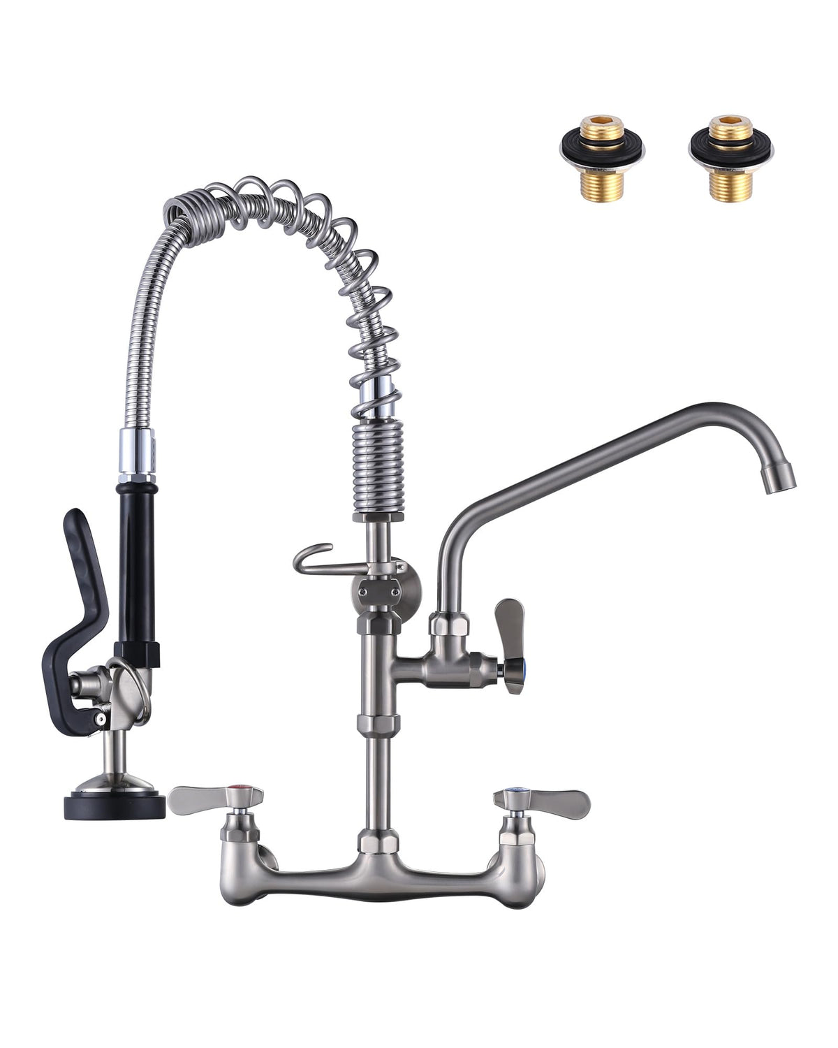 [New Upgrade] Brushed Nickel 21" Height Commercial Kitchen Faucet with Pre-Rinse Sprayer 8 Inch Center Wall Mount Kitchen Sink Faucet with 10" Add-on Swing Spout for 1/2 Compartment Sink
