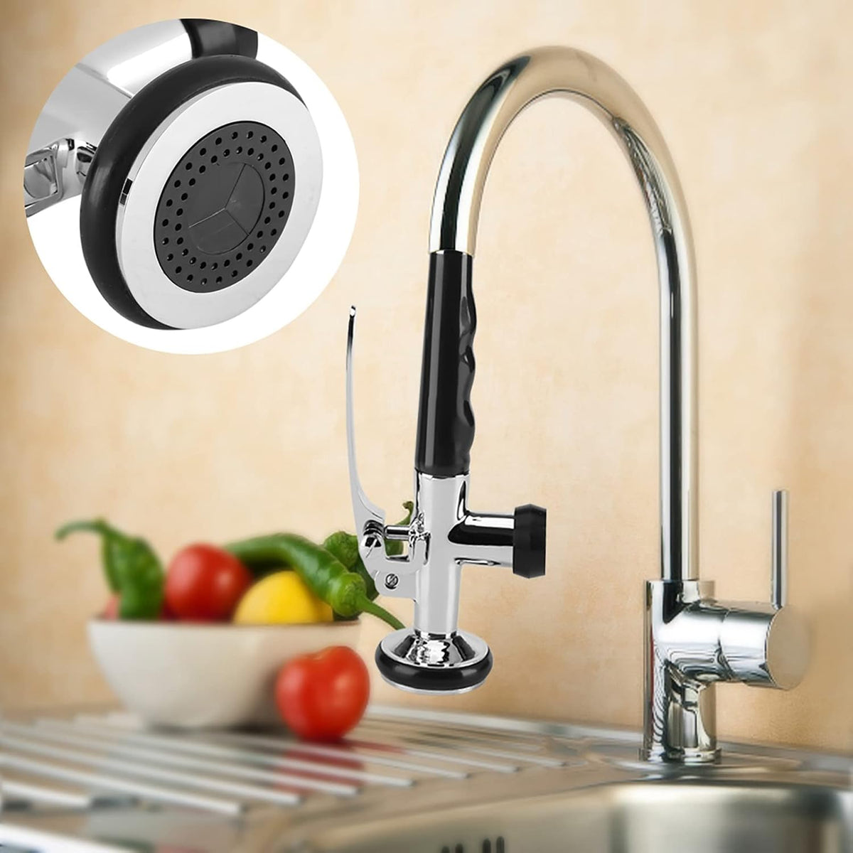 Garosa Faucet Sprayer Pre Rinse Sprayer G1/2" Kitchen Pull Down Faucet Swivel Sink Tap Spout Spray Stainless Steel Kitchen Faucet Spray Valve with Handle Grip Shower Accessories Black