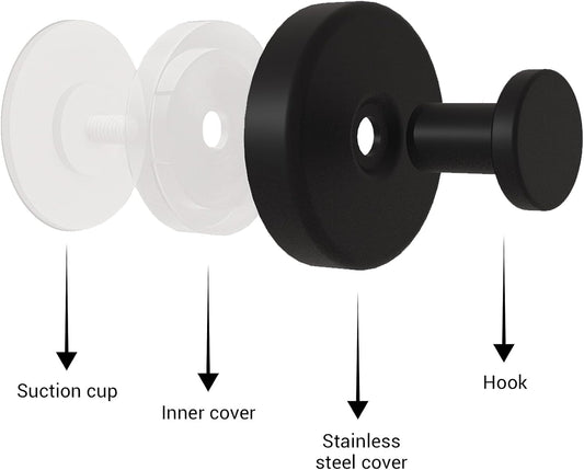 Suction Cup Hooks for Shower - 2 Pack, Matte Black - Stainless Steel, Strong Suction, No Drill, Removable Hanger, Tile Bathroom Kitchen Wall, Glass Door, Mirror Hook Hanging Robe, Towel Holder