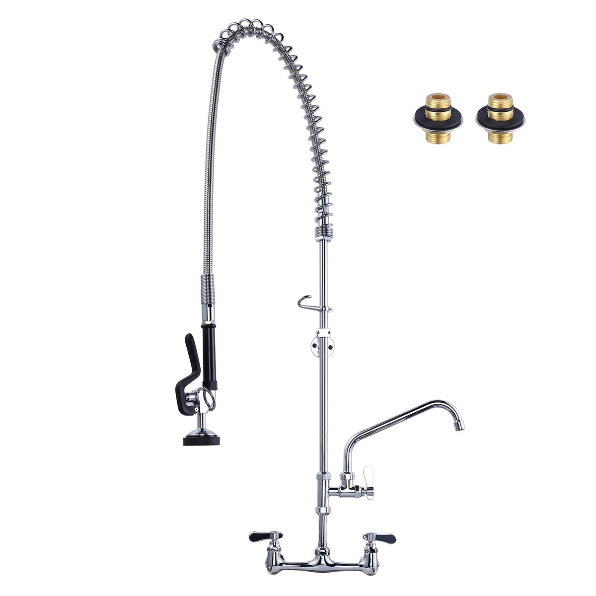 Commercial Kitchen Faucet Wall Mount with Pre-Rinse Sprayer 21" Height Wall Mount Kitchen Sink Faucet 8 Inch Center with 10" Add-on Swing Spout Faucet & Coiled Spring Pull Down Spray