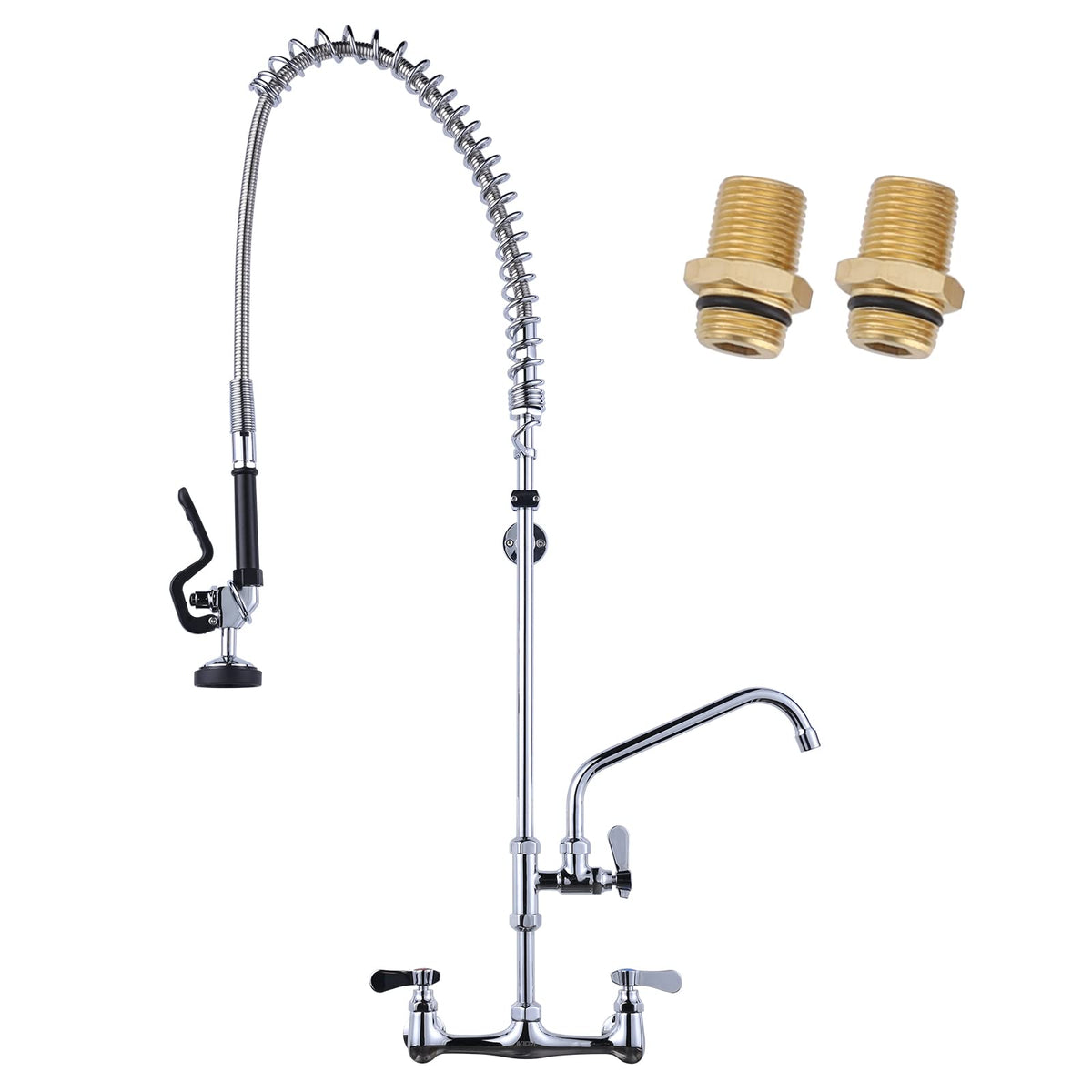 Commercial Kitchen Faucet Wall Mount with Pre-Rinse Sprayer 21" Height Wall Mount Kitchen Sink Faucet 8 Inch Center with 10" Add-on Swing Spout Faucet & Coiled Spring Pull Down Spray