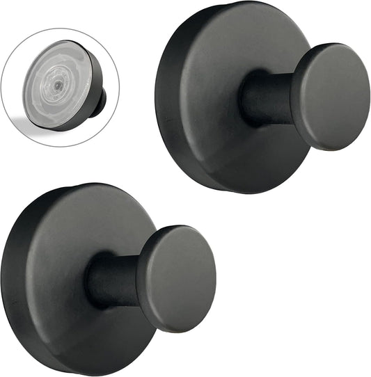 Suction Cup Hooks for Shower - 2 Pack, Matte Black - Stainless Steel, Strong Suction, No Drill, Removable Hanger, Tile Bathroom Kitchen Wall, Glass Door, Mirror Hook Hanging Robe, Towel Holder