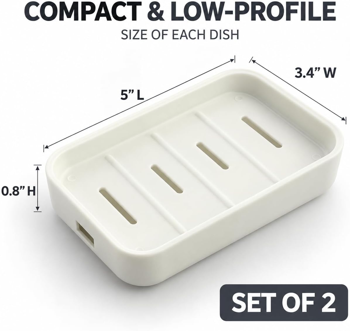 2 Pack Plastic Soap Dish with Drainage, Self-Draining Soap Holder for Bathroom & Kitchen Sink, 2-Layer Soap Saver Tray with Removable Drain Tray, White, 5” x 3.4” x 0.8”