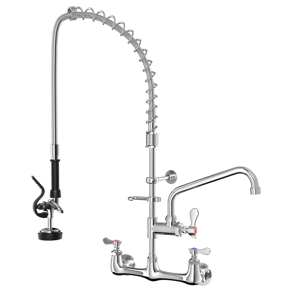 Commercial Wall Mount Kitchen Faucet with Pull Down Pre-Rinse Sprayer, Adjustable Swing Spout, Heavy-Duty Utility Sink Tap for Restaurant, Bar, 3 Compartment Sinks