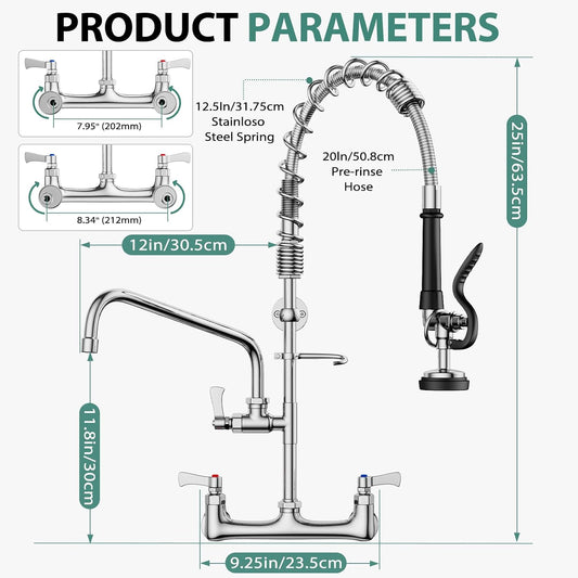 HURRAN Commercial Pre-Rinse Faucet, 8" Center, 25" Height, Polished Chrome