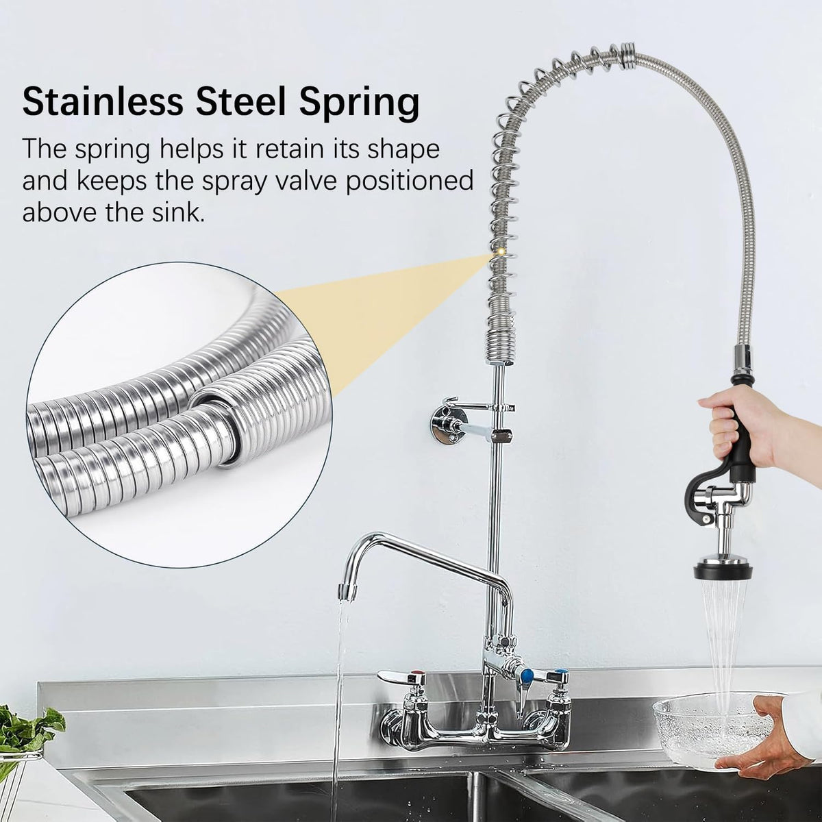 45” Stainless-Steel Pre Rinse Hose with Sprayer Valve & Spring, 1.42 GPM Commercial Sink Sprayer Hose with Nozzle Head Replacement Kit for Commercial Restaurant Kitchen Faucet